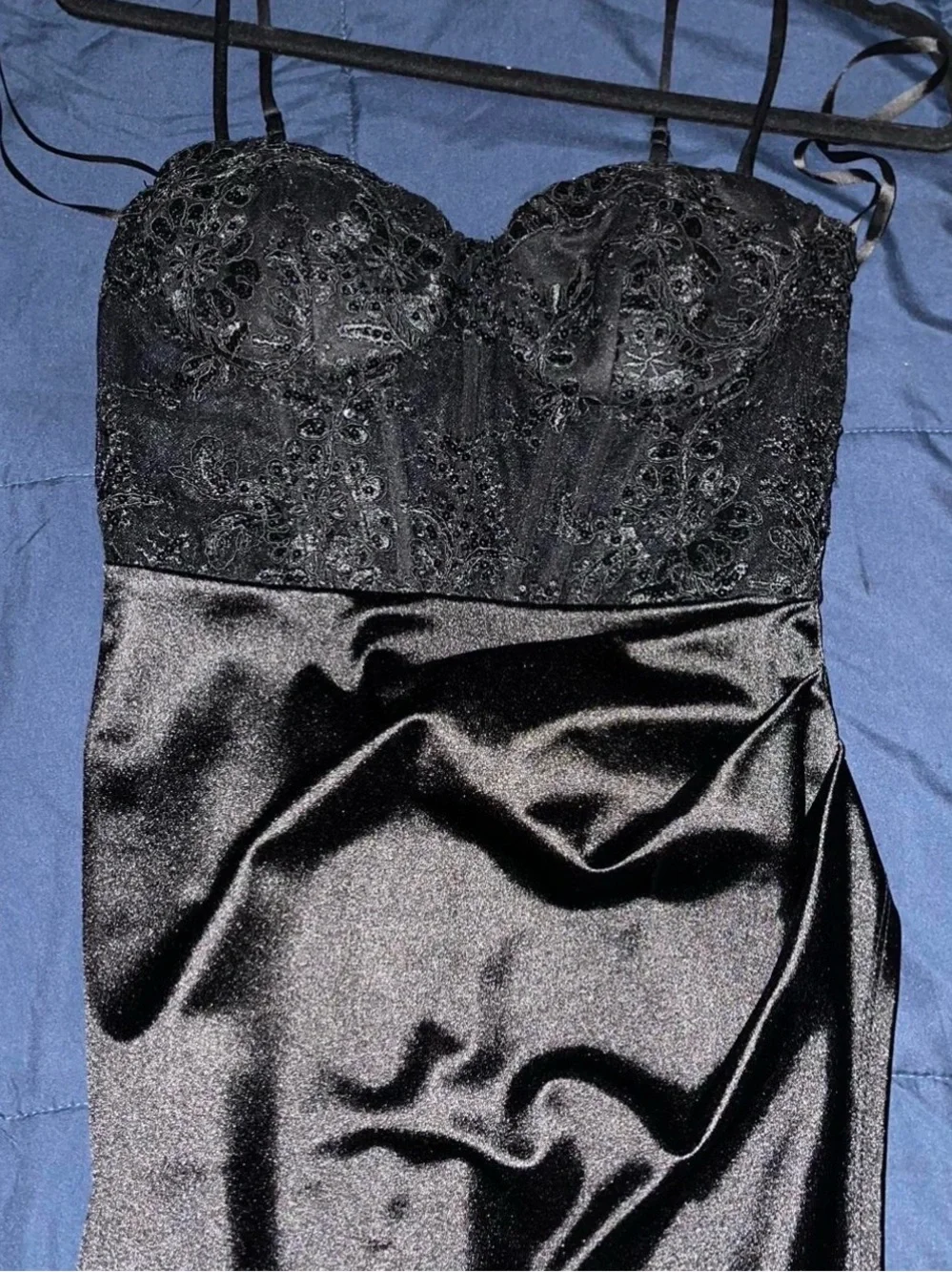 B Darlin Black Lace Bustier Satin Slip Dress with Thigh Slit